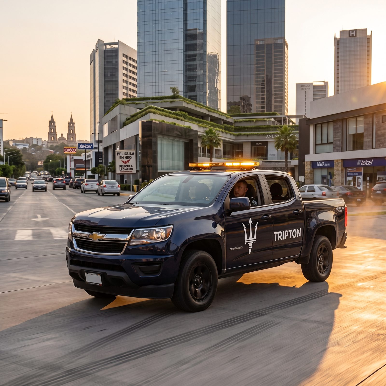 Camioneta de seguridad Tripton en la ciudad al atardecer